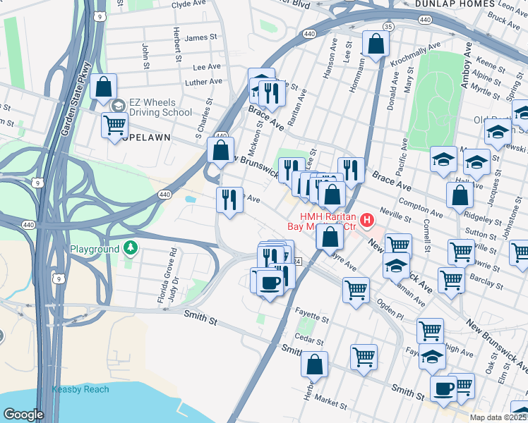 map of restaurants, bars, coffee shops, grocery stores, and more near 643 Sayre Avenue in Perth Amboy