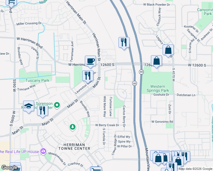 map of restaurants, bars, coffee shops, grocery stores, and more near 12731 Diamondback Drive in Riverton