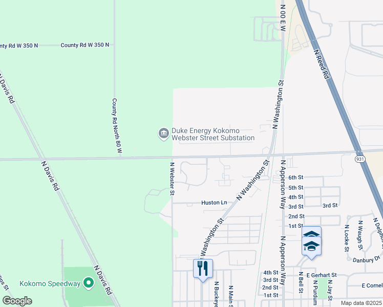 map of restaurants, bars, coffee shops, grocery stores, and more near 440 County Road 300 North in Kokomo