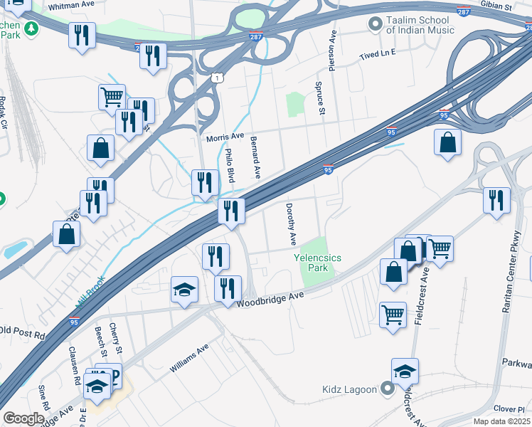 map of restaurants, bars, coffee shops, grocery stores, and more near 46 Bernard Avenue in Edison