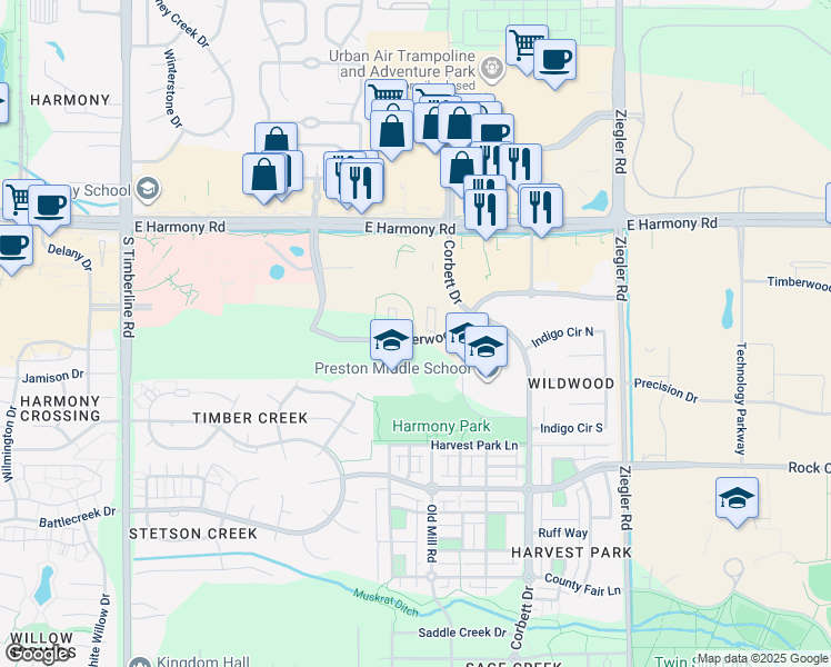 map of restaurants, bars, coffee shops, grocery stores, and more near 2502 Timberwood Drive in Fort Collins