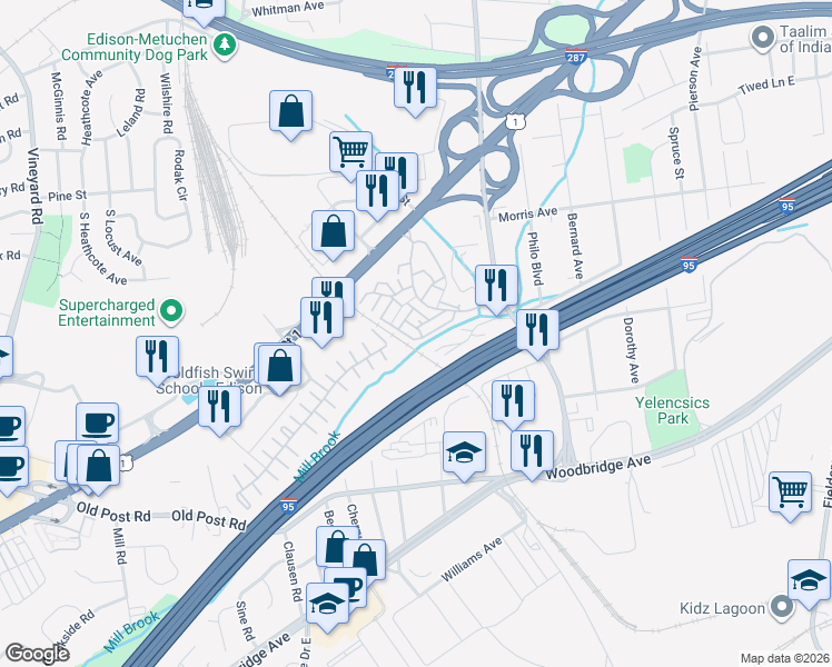 map of restaurants, bars, coffee shops, grocery stores, and more near 1016 Edison Glen Terrace in Edison