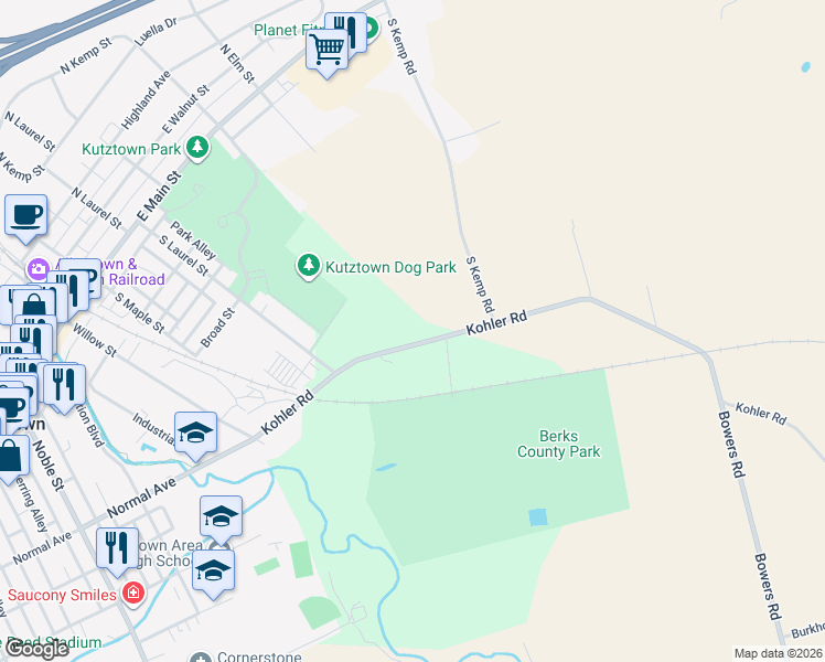 map of restaurants, bars, coffee shops, grocery stores, and more near 106 State Route 1029 in Kutztown