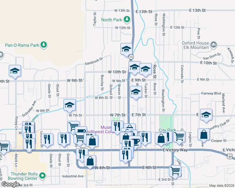 map of restaurants, bars, coffee shops, grocery stores, and more near 794 Breeze Street in Craig