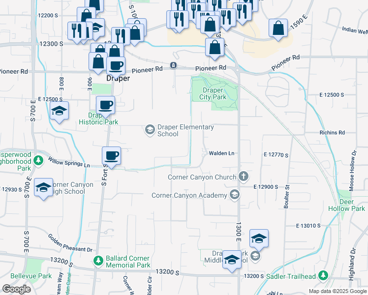 map of restaurants, bars, coffee shops, grocery stores, and more near 12748 Carraway Lane in Draper