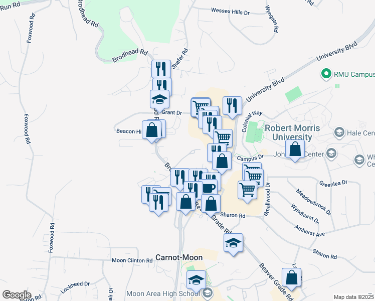 map of restaurants, bars, coffee shops, grocery stores, and more near 601 College Park Drive in Coraopolis