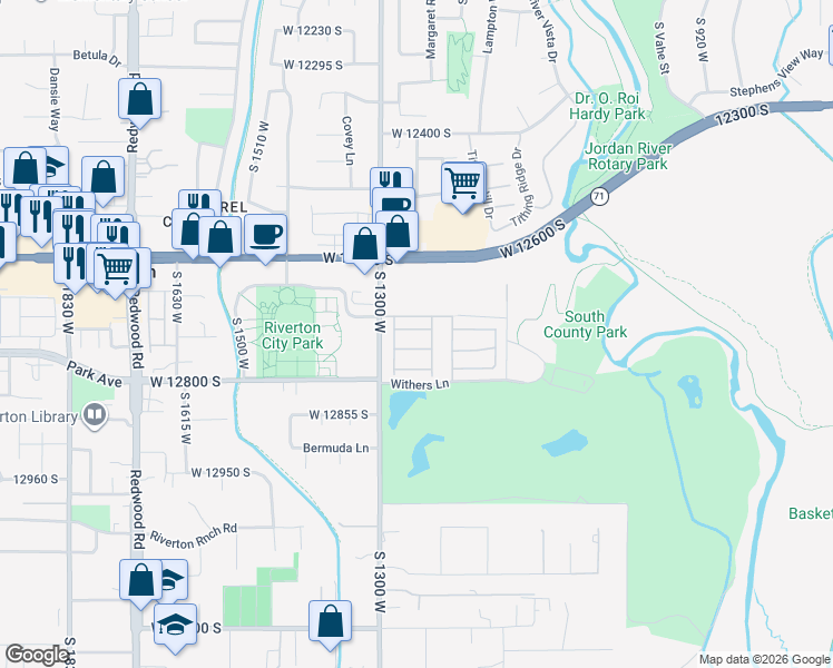 map of restaurants, bars, coffee shops, grocery stores, and more near 1269 West Hendrix Street in Riverton