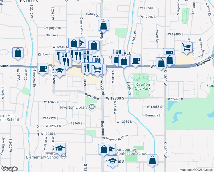 map of restaurants, bars, coffee shops, grocery stores, and more near 12723 South Doc Sorenson Lane in Riverton