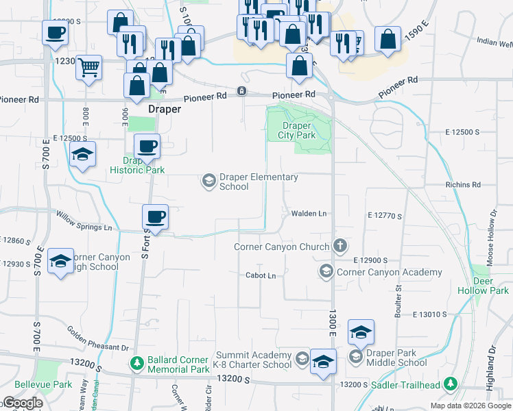 map of restaurants, bars, coffee shops, grocery stores, and more near 12748 Carraway Lane in Draper