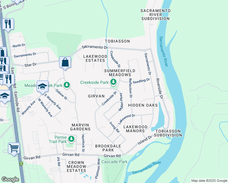map of restaurants, bars, coffee shops, grocery stores, and more near 6610 Creekside Street in Redding