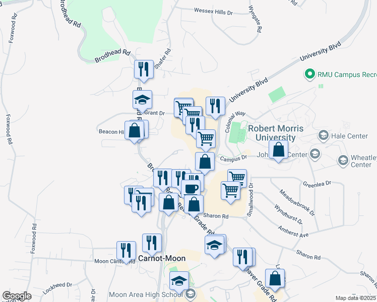map of restaurants, bars, coffee shops, grocery stores, and more near 1100 College Park Drive in Coraopolis