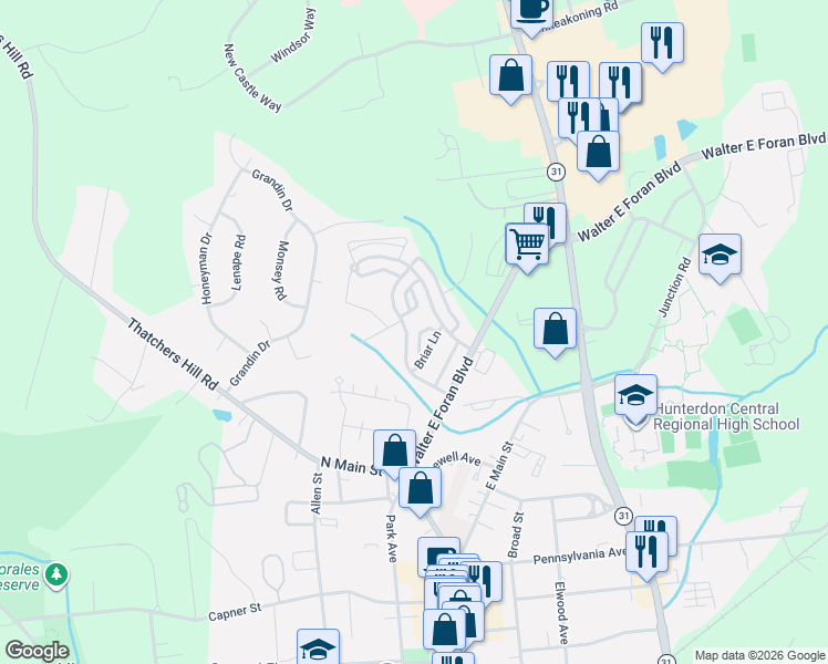 map of restaurants, bars, coffee shops, grocery stores, and more near 20 Windham Court in Flemington