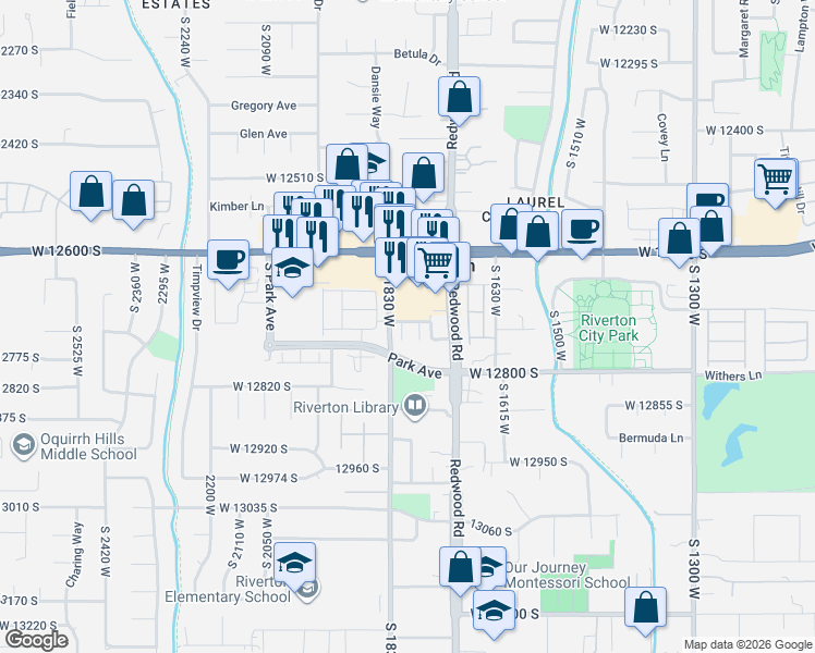 map of restaurants, bars, coffee shops, grocery stores, and more near 1793 West Park Willow Way in Riverton