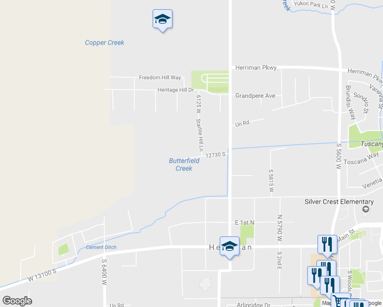 map of restaurants, bars, coffee shops, grocery stores, and more near 12720 Starlite Hill Lane in Herriman