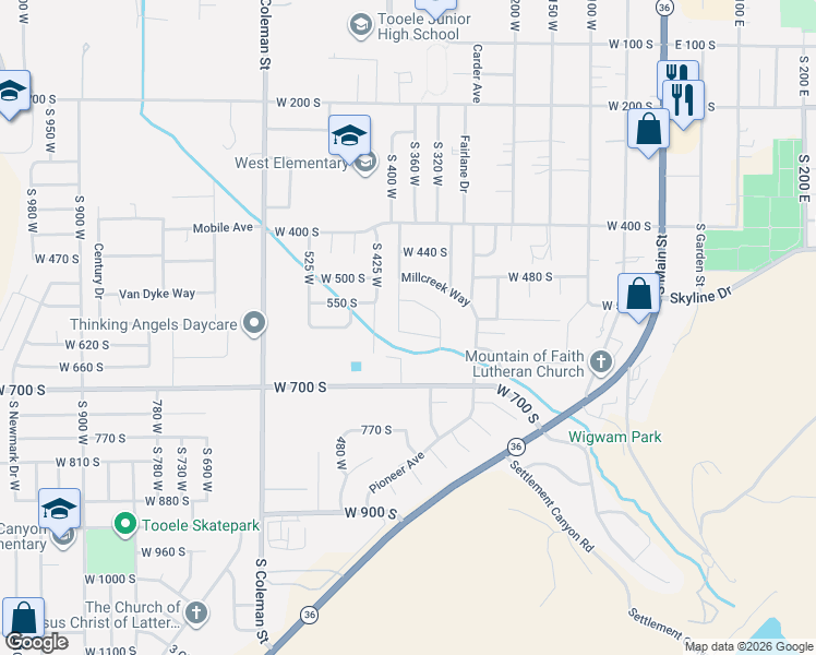 map of restaurants, bars, coffee shops, grocery stores, and more near 374 Melba Drive in Tooele