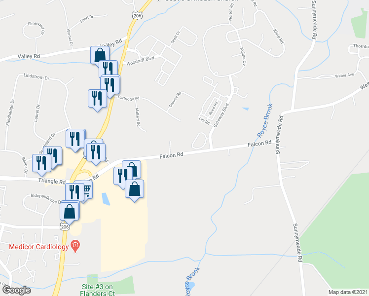 map of restaurants, bars, coffee shops, grocery stores, and more near 140 Falcon Road in Hillsborough Township