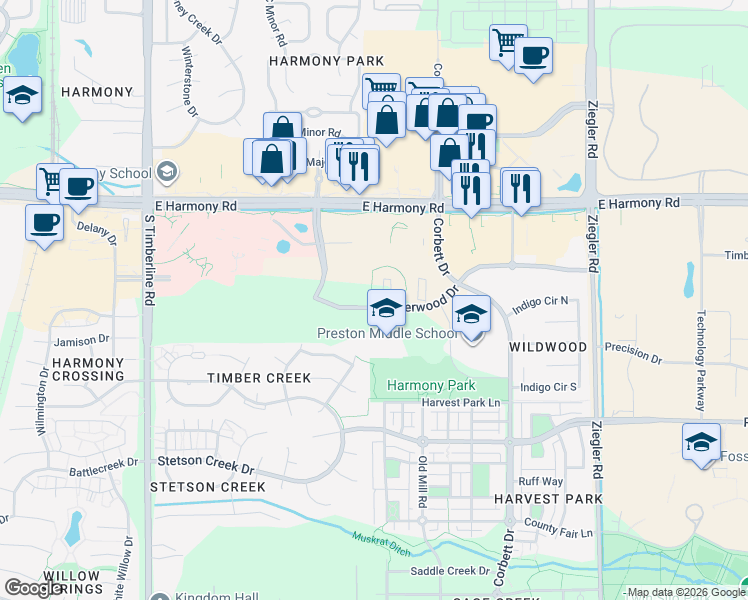 map of restaurants, bars, coffee shops, grocery stores, and more near in Fort Collins