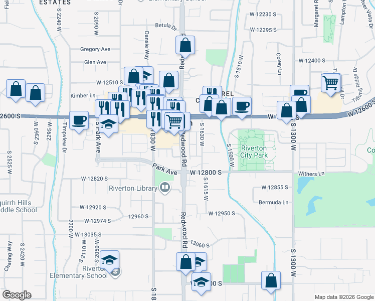 map of restaurants, bars, coffee shops, grocery stores, and more near 1728 West 12775 South in Riverton
