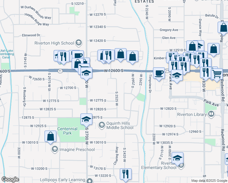 map of restaurants, bars, coffee shops, grocery stores, and more near 12758 South 2525 West in Riverton