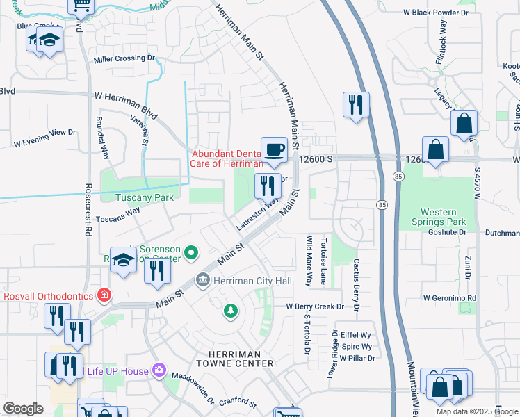 map of restaurants, bars, coffee shops, grocery stores, and more near 5156 Stockfield Lane in Herriman