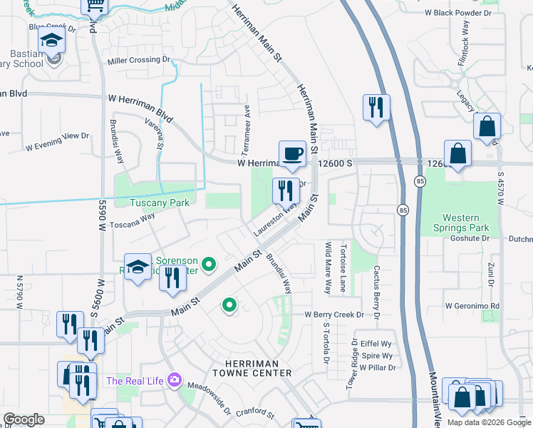 map of restaurants, bars, coffee shops, grocery stores, and more near 5156 Stockfield Lane in Herriman