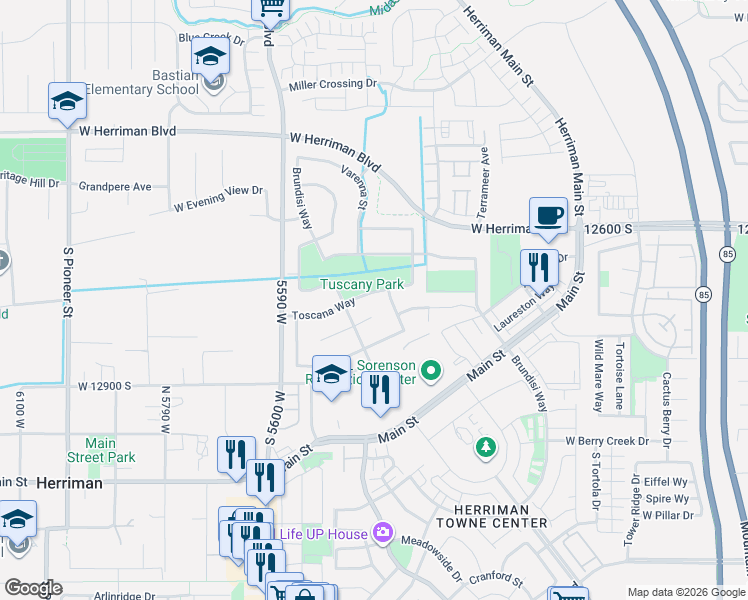 map of restaurants, bars, coffee shops, grocery stores, and more near 5431 Genoa Court in Herriman