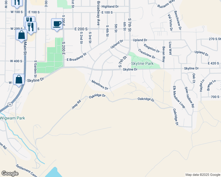 map of restaurants, bars, coffee shops, grocery stores, and more near 394 Meadows Drive in Tooele