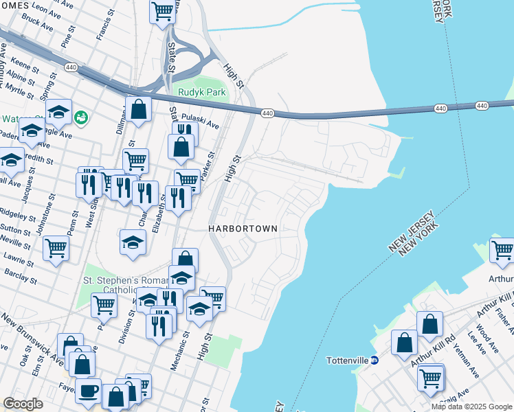 map of restaurants, bars, coffee shops, grocery stores, and more near 1000 Harbortown Boulevard in Perth Amboy