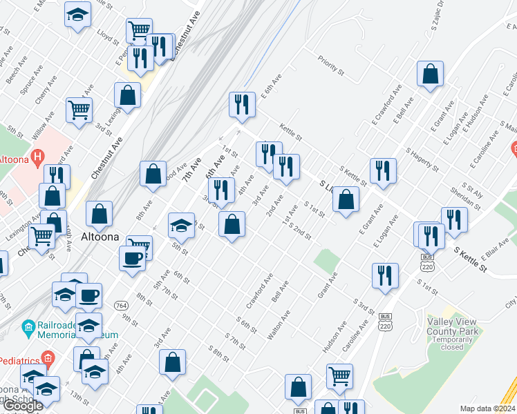 map of restaurants, bars, coffee shops, grocery stores, and more near 225 3rd Ave in Altoona