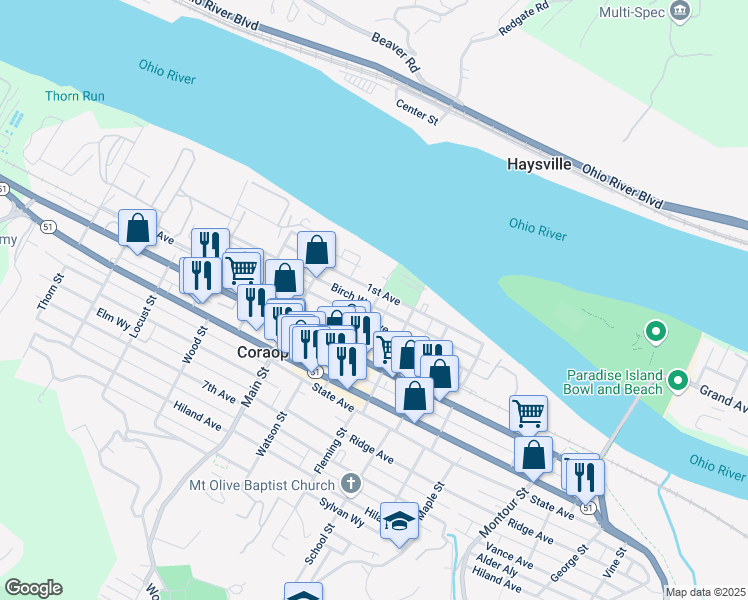map of restaurants, bars, coffee shops, grocery stores, and more near 122 Mill Street in Coraopolis