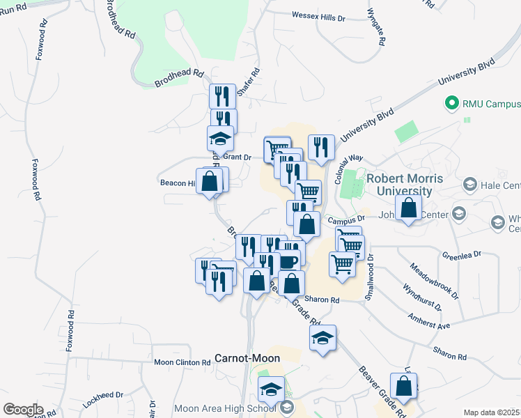 map of restaurants, bars, coffee shops, grocery stores, and more near 430 College Park Drive in Coraopolis