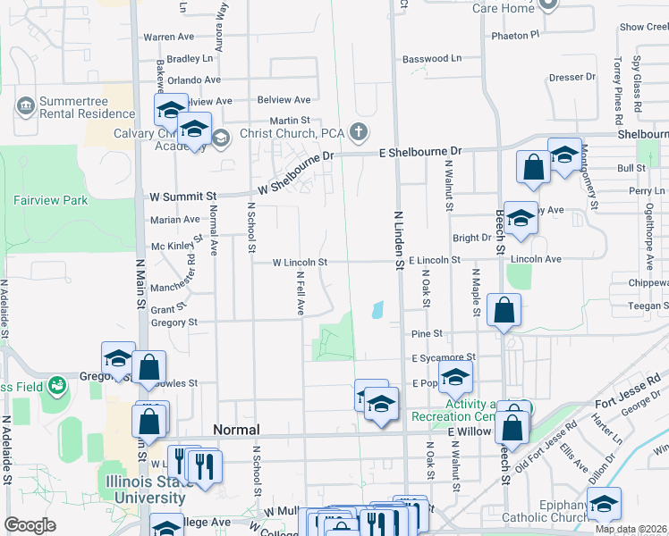map of restaurants, bars, coffee shops, grocery stores, and more near 1 Dial Court in Normal