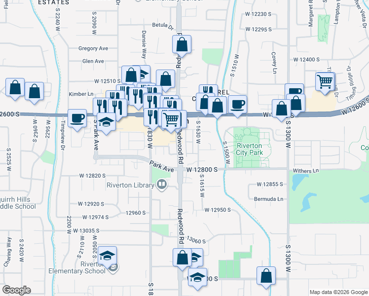 map of restaurants, bars, coffee shops, grocery stores, and more near 1728 West 12775 South in Riverton