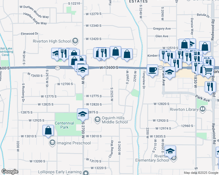 map of restaurants, bars, coffee shops, grocery stores, and more near 12758 South 2525 West in Riverton
