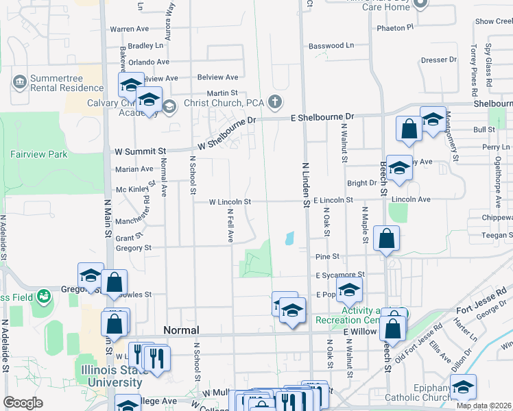 map of restaurants, bars, coffee shops, grocery stores, and more near 1 Dial Court in Normal