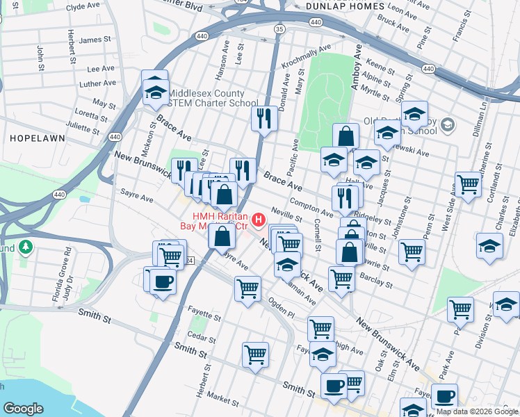 map of restaurants, bars, coffee shops, grocery stores, and more near 505 Neville Street in Perth Amboy