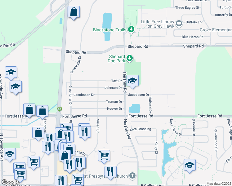 map of restaurants, bars, coffee shops, grocery stores, and more near 1820 Jacobssen Drive in Normal