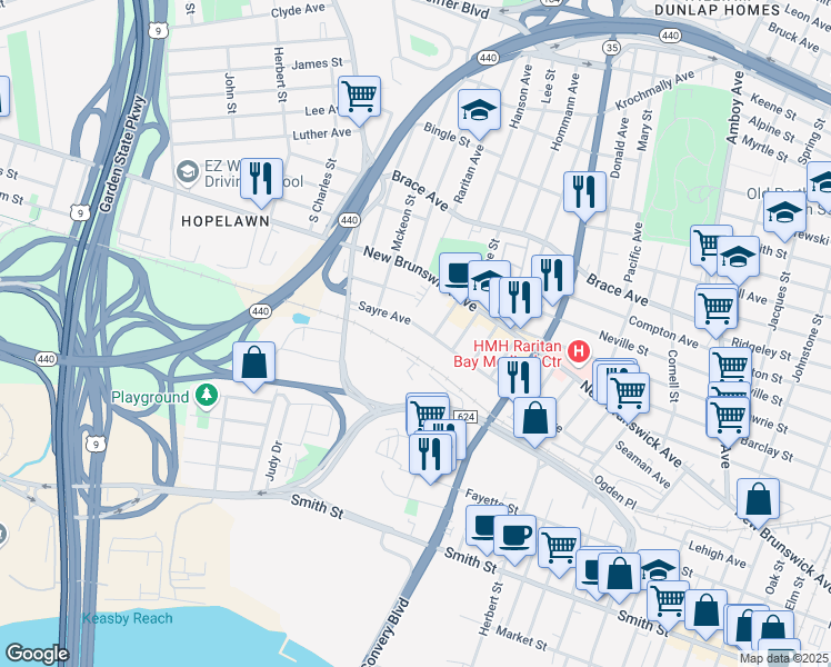 map of restaurants, bars, coffee shops, grocery stores, and more near 643 Sayre Avenue in Perth Amboy