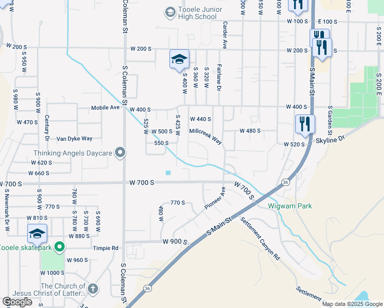 map of restaurants, bars, coffee shops, grocery stores, and more near 374 Melba Drive in Tooele