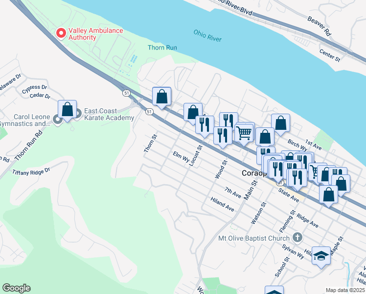 map of restaurants, bars, coffee shops, grocery stores, and more near 615 6th Avenue in Coraopolis