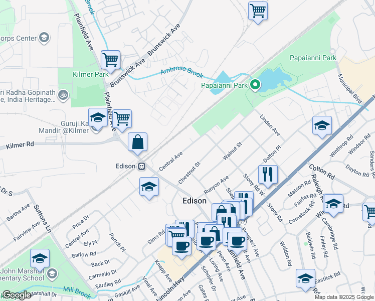 map of restaurants, bars, coffee shops, grocery stores, and more near 282 Central Avenue in Edison
