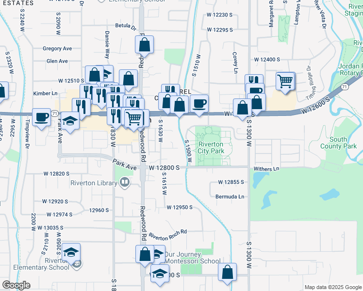 map of restaurants, bars, coffee shops, grocery stores, and more near 1560 West 12730 South in Riverton