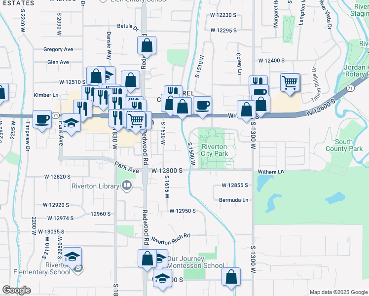 map of restaurants, bars, coffee shops, grocery stores, and more near 1560 West 12730 South in Riverton