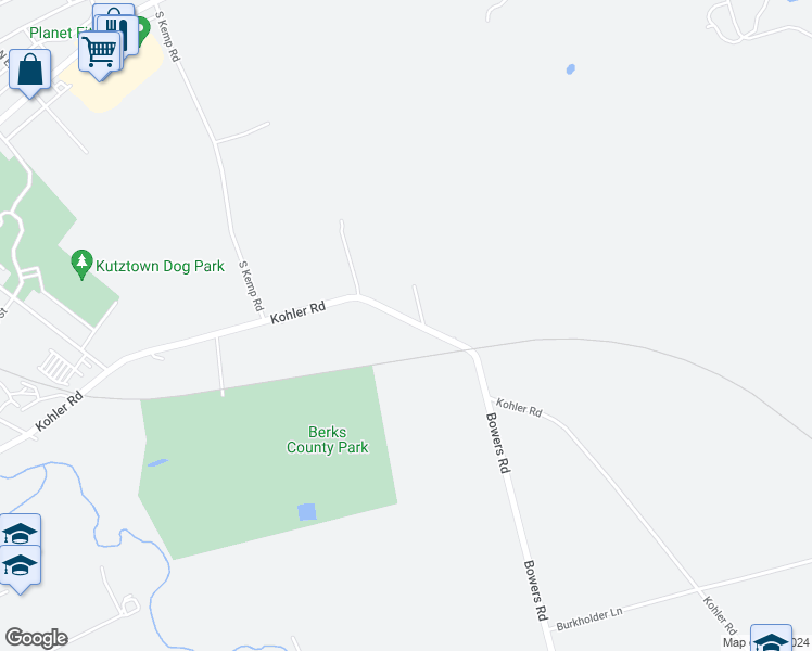 map of restaurants, bars, coffee shops, grocery stores, and more near 220 Kohler Road in Kutztown
