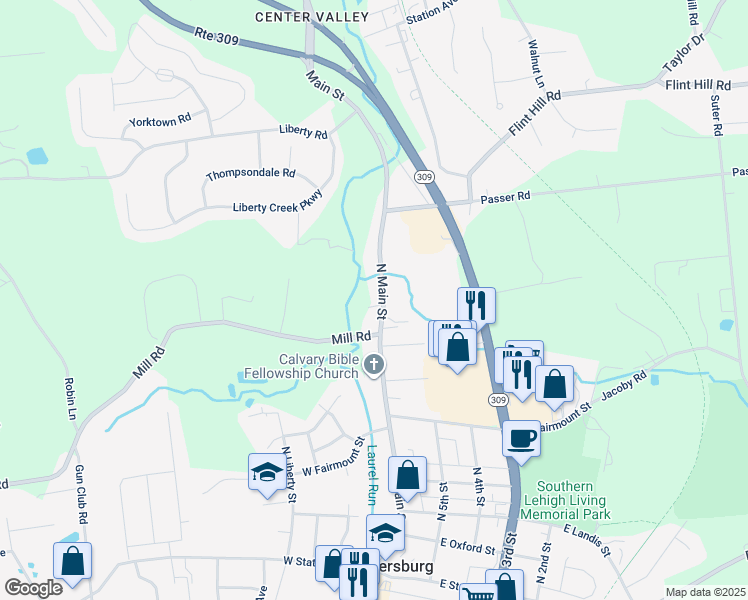 map of restaurants, bars, coffee shops, grocery stores, and more near 6692 North Main Street in Coopersburg