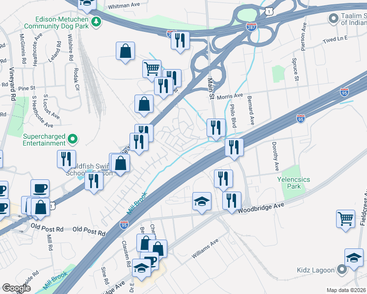 map of restaurants, bars, coffee shops, grocery stores, and more near 1404 Edison Glen Terrace in Edison