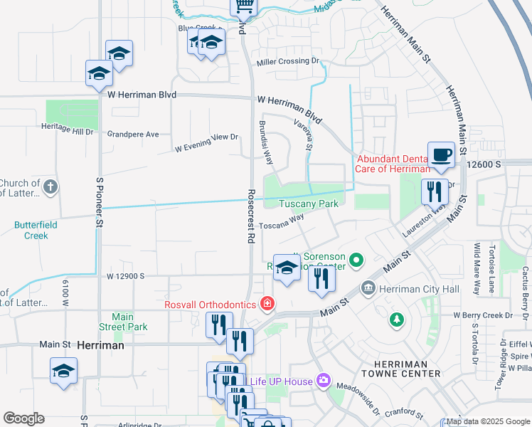 map of restaurants, bars, coffee shops, grocery stores, and more near 5541 Bellagio Way in Herriman
