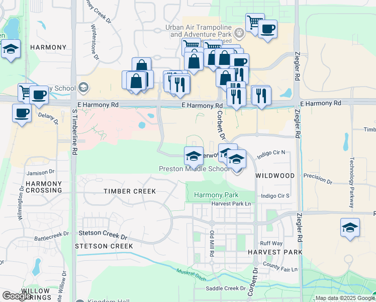 map of restaurants, bars, coffee shops, grocery stores, and more near 2502 Timberwood Drive in Fort Collins