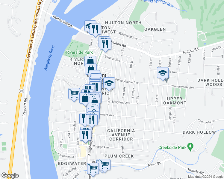 map of restaurants, bars, coffee shops, grocery stores, and more near 628 4th Street in Oakmont