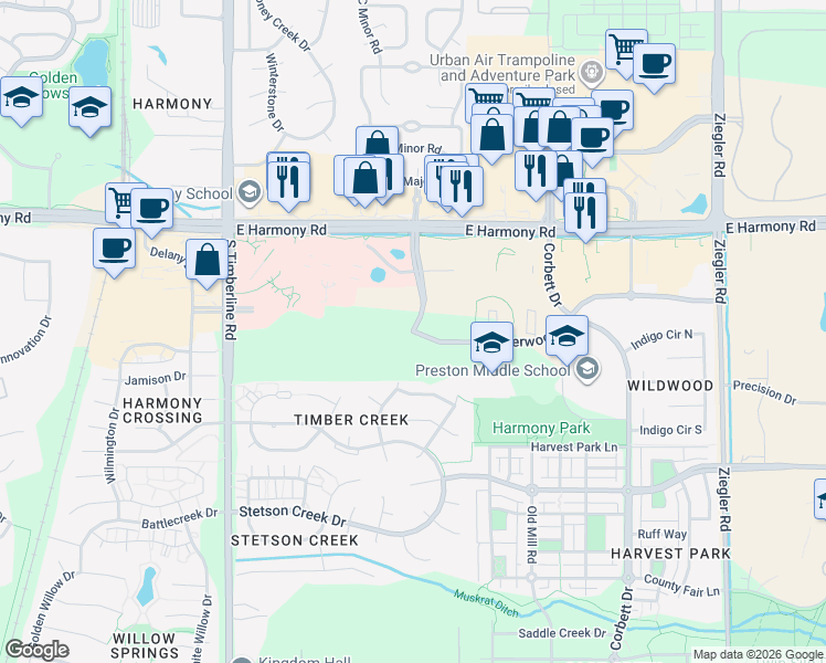 map of restaurants, bars, coffee shops, grocery stores, and more near Snow Mesa Drive in Fort Collins